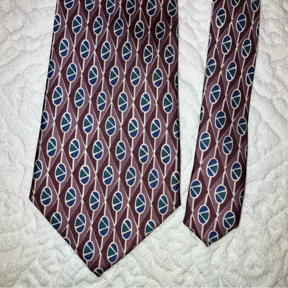 Vintage Eaton silk tie, geometric pattern, pink, blue, green